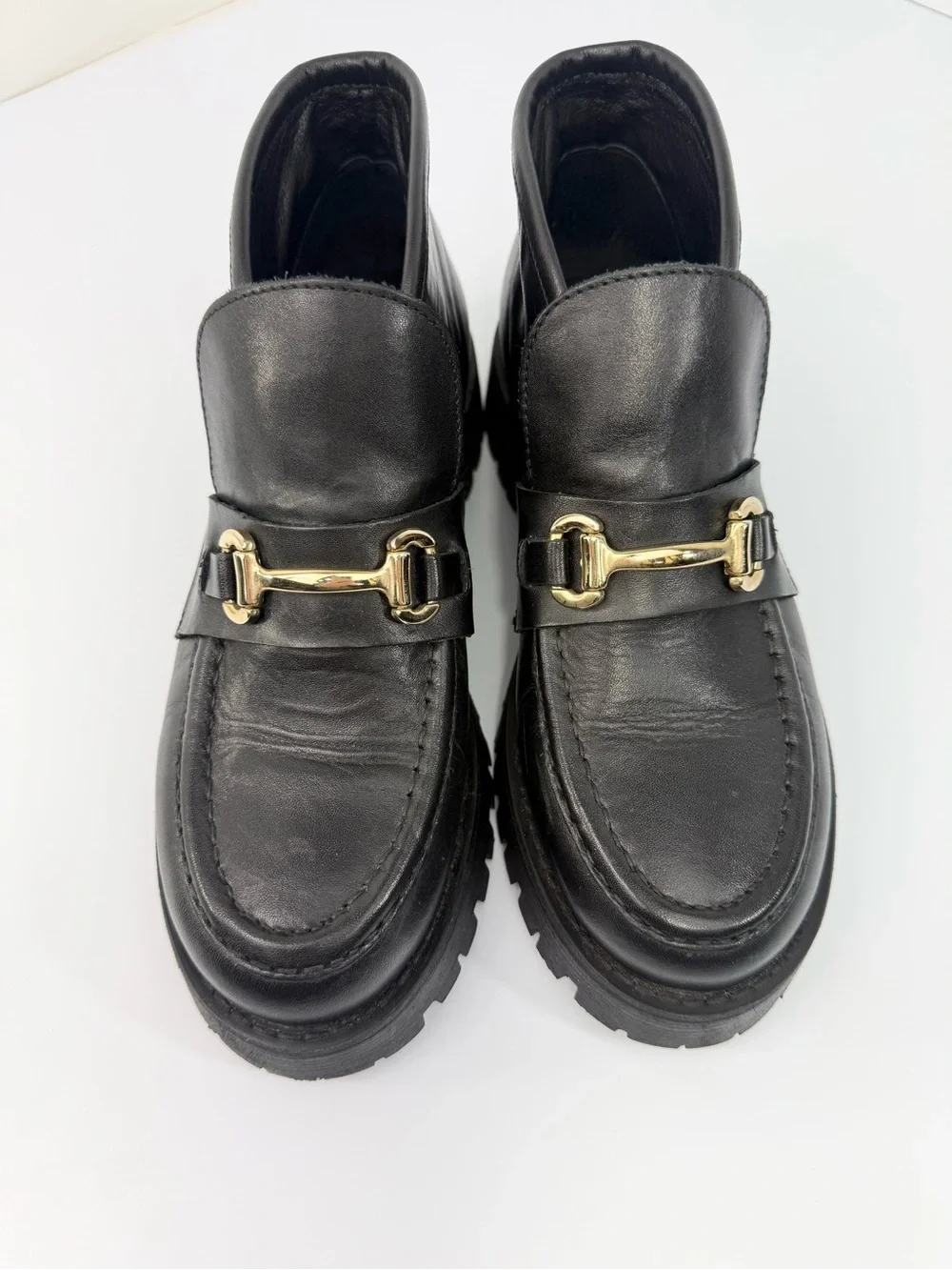Steve Madden LEON Black Leather Horse bit Toe Chunky Platform Lug Sole Loafers